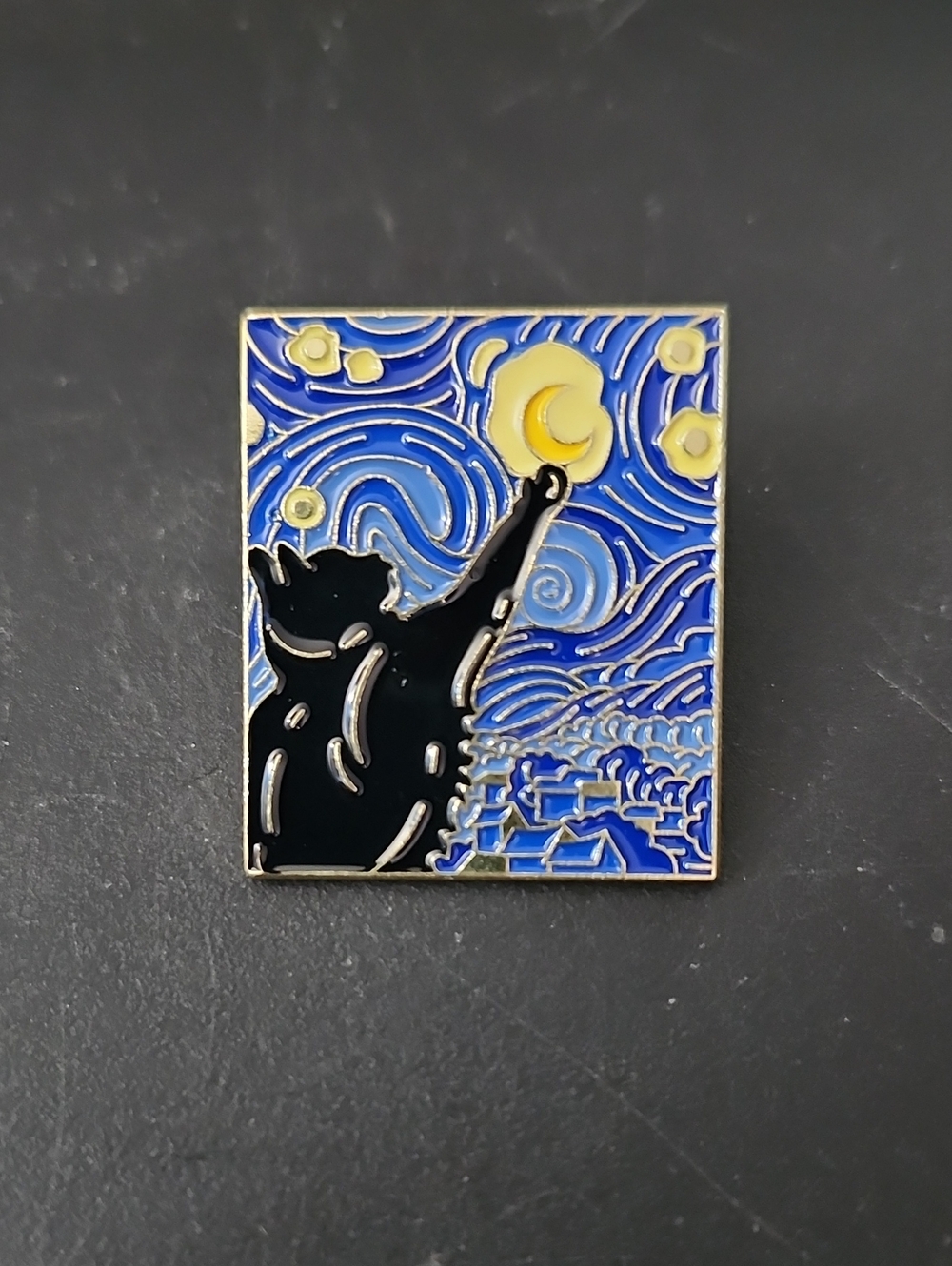 Black Cat Starry Night Enamel Pin - Blue & Yellow Home Art